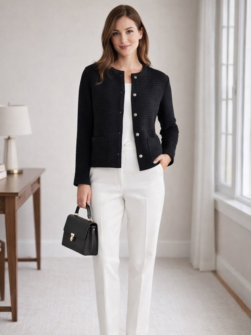 Hilary Radley Black Textured Knit Cardigan Jacket Button Front size Large nwt